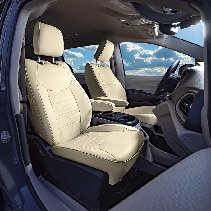 FH Group Custom Fit Car Seat Cover Specifically Made for Chrysler Pacifica 2017-2024 - Front Set (No Built-in DVD with Armrest), Faux Leather, Solid Beige