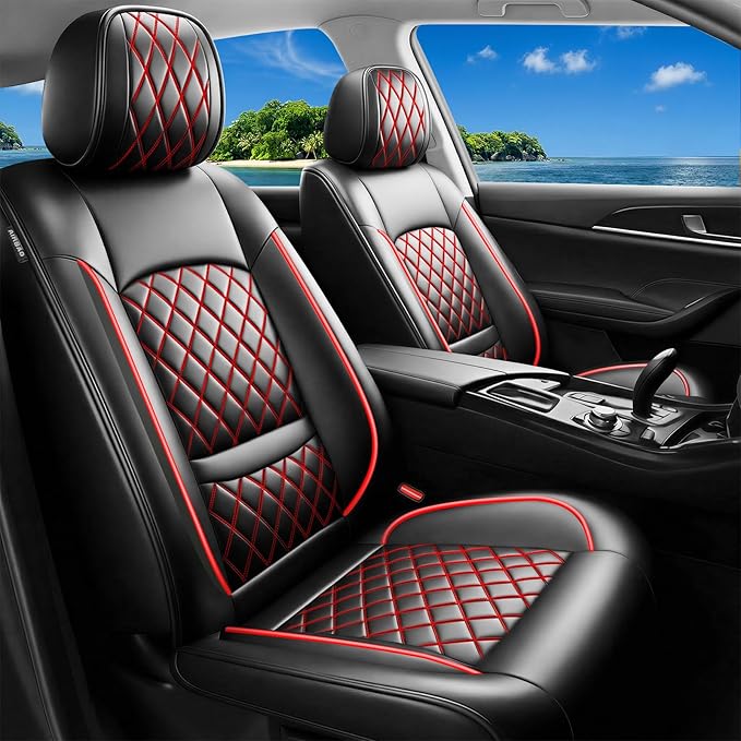 Fit Ranger Car Seat Covers for Ford Ranger 2007-2025 2026 - Luxury Leather, Anti-Slip, All-Weather, Waterproof & Breathable, Airbag Compatible, 2 Front Seats Only (Redline)