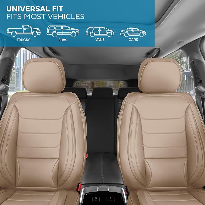MotorBox Meridian Series Napa Leather Seat Covers for Cars, Classic Cushion Front Seat Covers, Premium PU Leatherette Beige Car Seat Covers with Classic Line Design, Cars Trucks SUVs