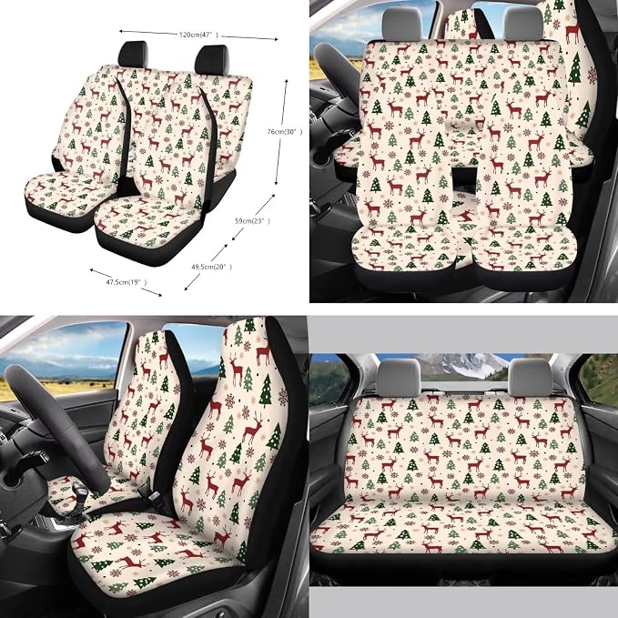 Deer Christmas Tree Pattern 10 Pack Car Seat Cover Set, 4 Front Rear Seat Covers, 1 Steering Wheel Cover, 1 Hanging Car Trash Can, 1 Air Vent Pouch, 2 Coasters, 1 Keychain Christmas Decor