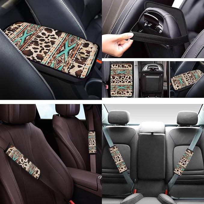 Brown Cow Print 12Pcs Car Seat Covers Full Set Car Seat Belt Cover Steering Wheel Cover Armrest Cushion Cup Coasters and Keychain Holder Suitable for Most Cars,SUV