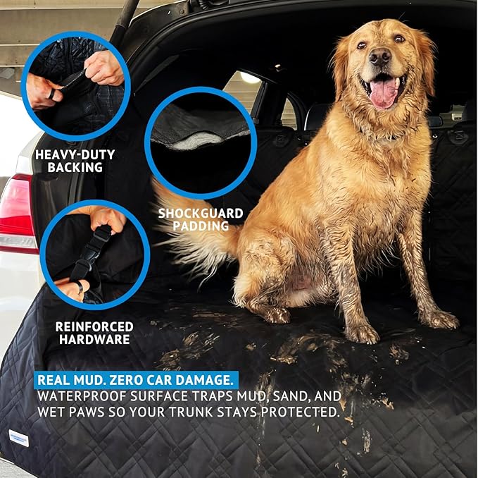 Bulldogology Cargo Mesh SUV Cargo Liner for Dogs – Waterproof Heavy Duty Pet Trunk Protector, 55″ x 106″ with Mesh Window & 60/40 Split Fit (XL, Black)