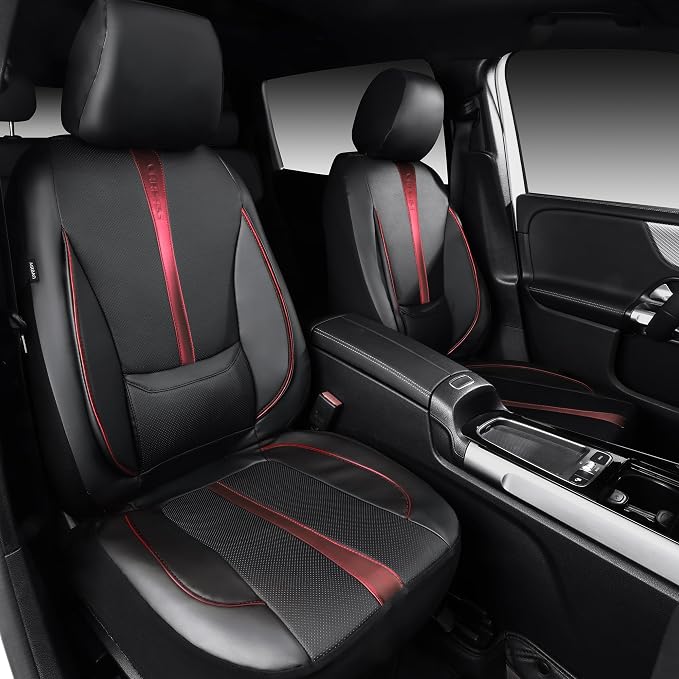 CAR PASS 3D Foam Support Red Leather Car Seat Covers Front Seats,Waterproof Faux Leather Front Seat Cover for Car,Universal Fit Anti-Slip for SUV Truck,Rubber Floor Mats for Cars