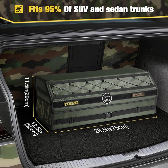 Fyzeoty Car Trunk Organizer for SUV and Sedan, Tactical‑Green, 29.5 in | Tactical & Aerospace Oxford, Extra‑Large, Hinged Lid, Collapsible & Adjustable, Water‑Resist & Dust‑Proof
