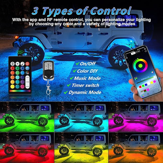 4Pods Metal Segmented RGB LED Rock Lights Kit with APP/RF Remote Control, Multicolor Underglow Neon Aluminum Music Mode Brake Light Waterproof 12V for Trucks Jeep Golf ATV UTV RZR SUV SXS
