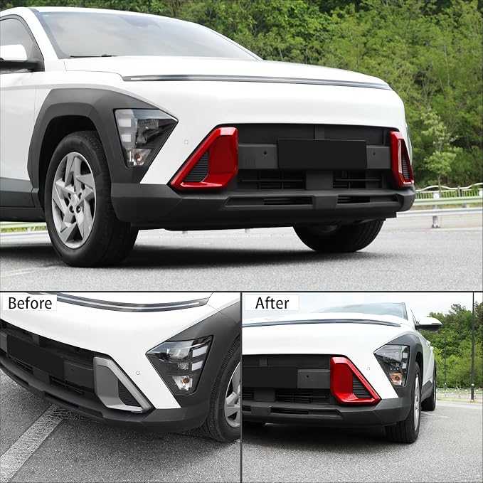 ABS Front Bumper Side Air Vent Cover Fog Light Lamp Decor Cover Front Bumper Middle Mesh Cover Compatible with Hyundai Kona 2024 2025 SX2 Accessories (Glossy Red Style)