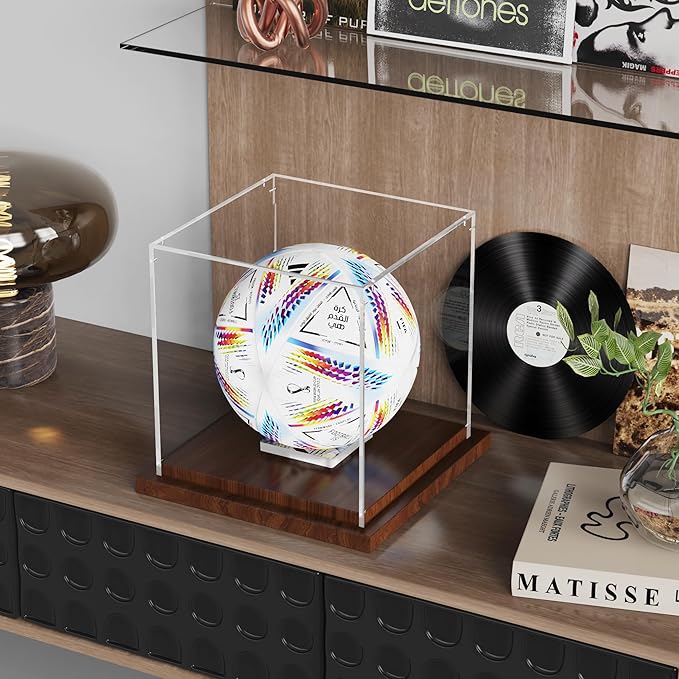 VGMiu Soccer Ball Display Case with Wood Base, Clear Acrylic Display Case Soccer Box with Removable Built-in Ball Holder for Autographed Balls, Sports Collectibles, Memorabilia Displays