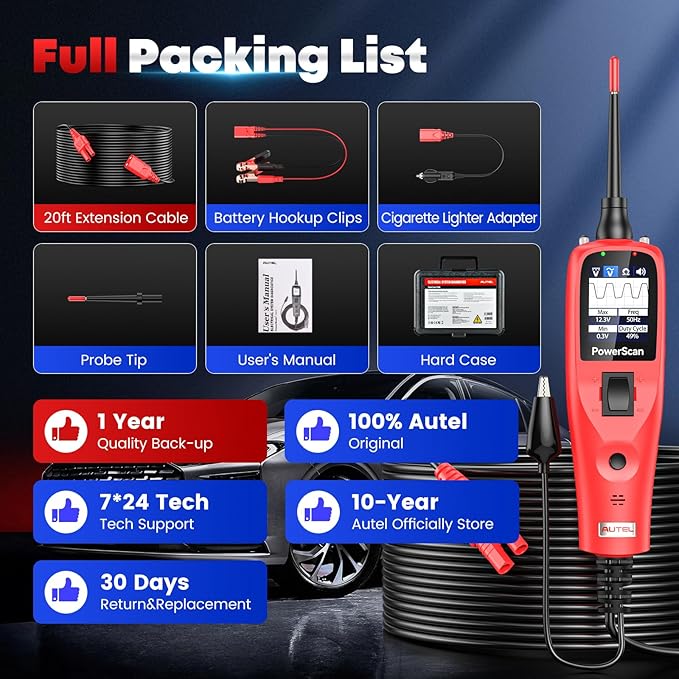 Autel PowerScan Automotive Circuit Tester, Power Circuit Probe Tool, 12-24V Electrical Short Open Breaker Circuit Finder, AC/DC Current Resistance, Duty Cycle, & 20FT Extension Cord, for 99% Cars