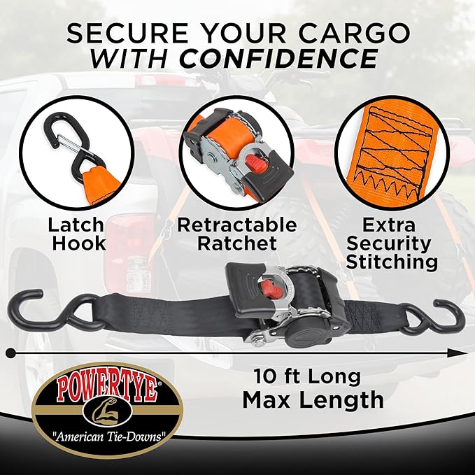 PowerTye - 2 inch x 10ft Long Retractable Ratchet Tie Down Strap with Latch-Hooks - Self-Retracting Ratchet, 800 lb W.L.L., Ideal for Motorcycle, ATV, Cargo, Includes Bag & Soft-Tyes, Blue (Pair)