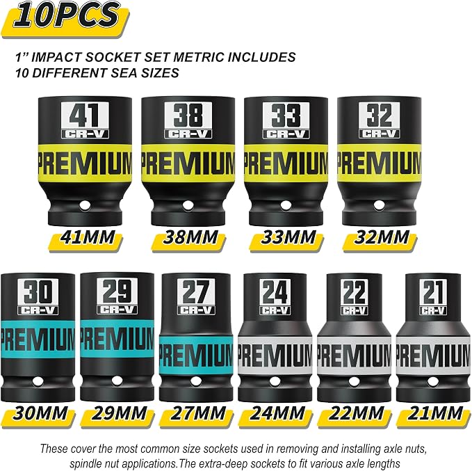 10 Piece 1" Drive Impact Socket Set, Metric Axle Nut Sockets, 21-41mm Thicker Jumbo Sockets, Socket Set, 6 Point, Cr-V, Vehicle and Apparatus Maintenance