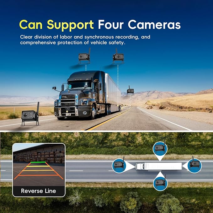 Wireless Backup Camera for Trucks, RV Backup Camera Wireless with 7" HD Monitor 4 Channels Split Screen, BSD Alert, IP68 Waterproof,IR Night Vision Wide Angle, DIY Guide Lines, Loop Recording
