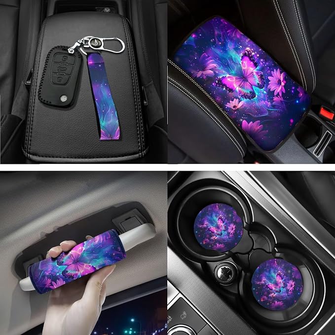 Purple Butterfly Car Accessories Set of 18, Car Seat Cover Full Set with Auto Steering Wheel Cover Floor Mats Armrest Pad Covers Seat Belt Pads Roof Handle Wraps Cup Coaster Keychain