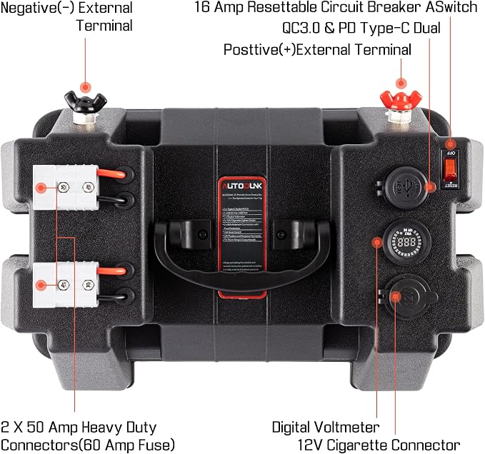 Smart Battery Box 12V - with QC3.0 /PD Type-C Port/CIG Socket/Anderson Plug/Digital Voltmeter/Circuit Breaker for RV Van SUV ATV Camper Truck Car(Battery not Include)
