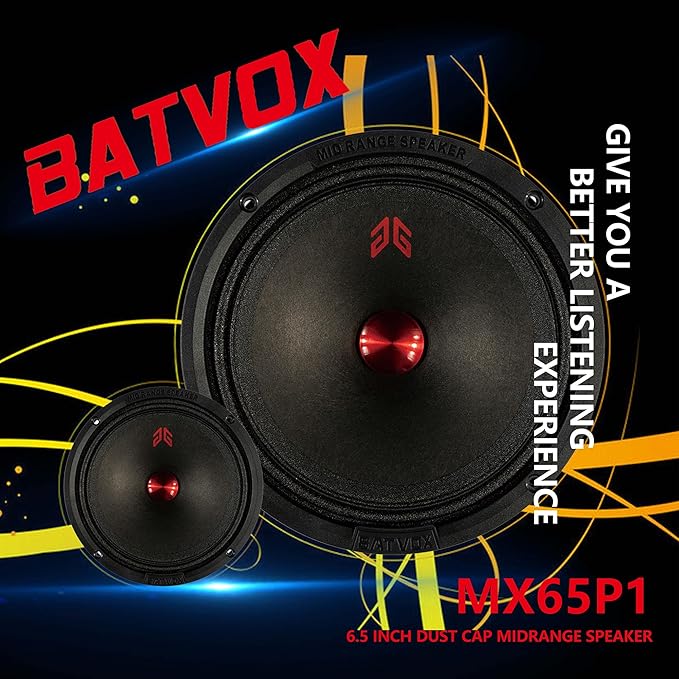 MX65P1 Loudspeaker 6.5 Inch Midrange 200 Watts 4 Ohms Red Dust Cap, Premium Quality Audio Door Speakers for Car or Truck Stereo Sound System, Black (2 Speakers)