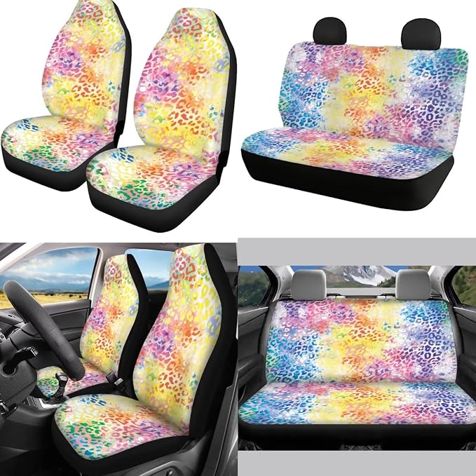 Mumeson Tie Dye Leopard 8 Pack Auto Accessories Set Music Note Car Seat Covers Full Set with Seat Belt Pads Shoulder Cushion + Steering Wheel Cover + Armrest Cushion