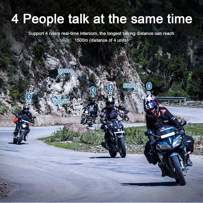 EJEAS V4 Plus Motorcycle Helmet Bluetooth Intercom, Bluetooth 5.1 Motorcycle Headset with CVC Noise Reduction and FM Radio Function for 4 Riders Talk at The Same Time Within 1500M (2 Pack)