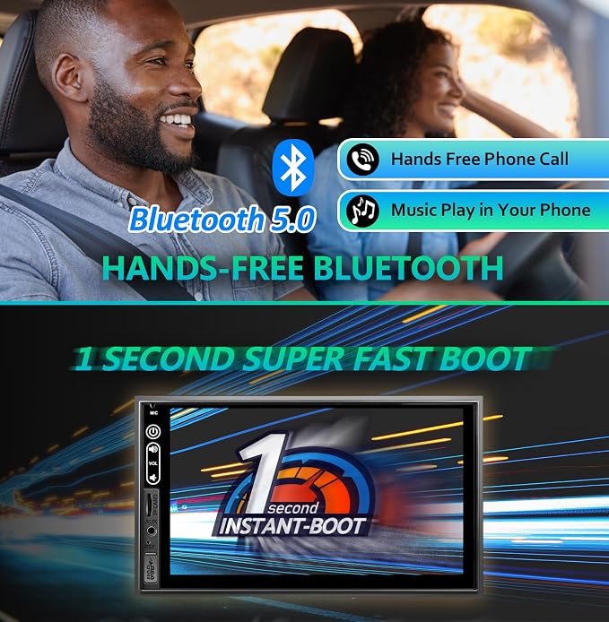 Double Din Car Stereo Compatible with Wireless Apple Carplay, Android Auto - 7" Touch Screen Car Audio Receiver with Bluetooth, AUX, FM Car Radio
