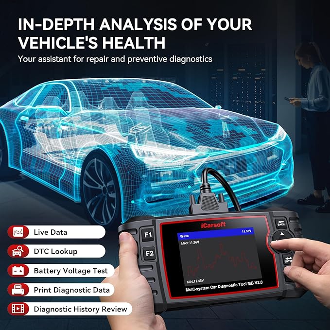iCarsoft MB V2.0 for Mercedes Benz OBD2 Scanner, Full System Diagnostic Scan Tool, 8 Resets Auto VIN, Oil/SAS/EPB/ETC/DP-F/BLD/INJ/SAS/TPMS, Free Update, Automotive Code Reader with Battery Test