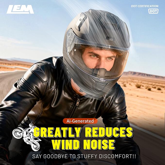 LEM Motorcycle Helmets Full Face for Men, Motorcycle Helmet for Adults, DOT Certified, PINLOCK & DVS Dual Vision, Motorcycle Street Bike Helmet, Bluetooth Speaker Pockets (Matte Black Medium) VZN FP09