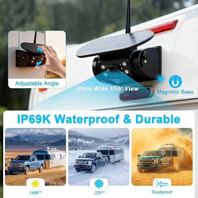 X7 2 Wireless Solar Magnetic Backup Camera for RV Truck - 15000mAh Battery Magnetic Hitch Camera 7” Monitor 320FT Range - 5th Wheel Hitch Gooseneck Travel Boat Horse Trailer Truck
