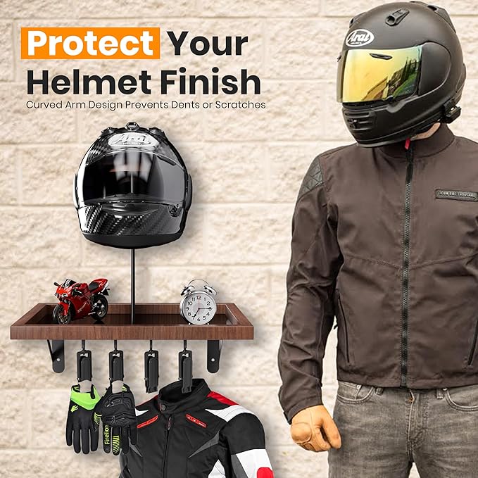 Motorcycle Helmet Holder Wall Mount, Heavy-Duty Metal Helmet Rack with Glove Clips & Gear Hanger, Universal Helmet Hanger Wall Mount for Motorcycle/Bike/Snowboard Helmets