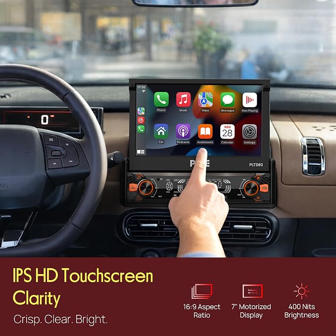 Pyle 7" Single DIN Car Stereo | Apple CarPlay & Android Auto, Flip-Out 7-Inch IPS Touchscreen, Bluetooth, 1080p Backup Camera, AM/FM, USB, 240 W | Single DIN Head Unit Receiver