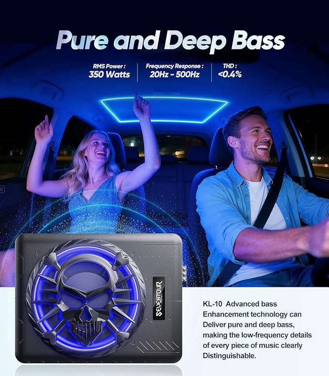 Seventour 10" 1200W Slim Under Seat Powered Car Subwoofer, Car/Truck Audio Sub Built in Amplifier amp Combo, with LED Ambient Light (Subwoofer + Mounting Wire Kit)