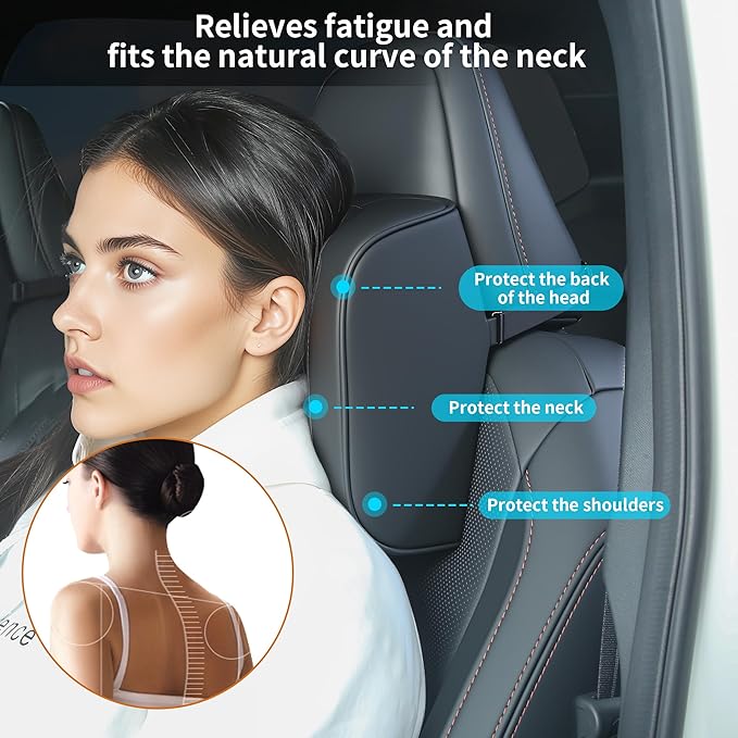 Car Headrest Pillow U-Shaped, Memory Foam Head Neck Support Cushion for Driving, Leather Head Rest Travel Pillows for Sleeping, Breathable Removable Cover, Black, 1 Pack