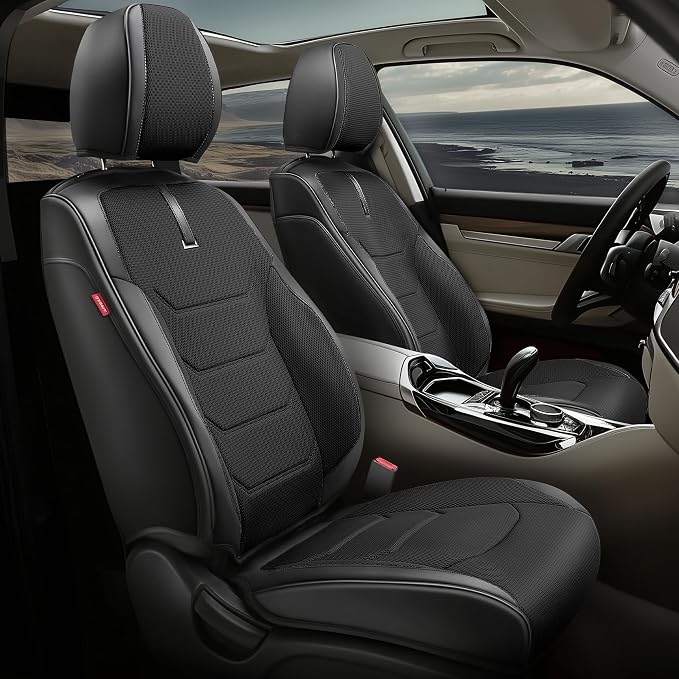 Auto Dynasty Car Seat Covers Full Set, Anti-Slip Automotive Interior Covers with Storage Pocket, Breathable Car Seat Protectors, Airbag Compatible, Universal Fit Most Vehicles, Black (Sport Series)