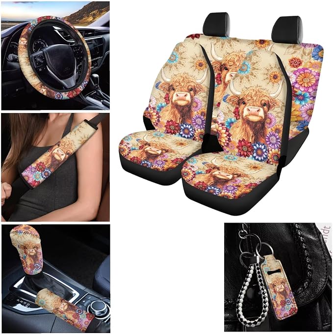 Cartoon Car Seat Covers for Front Rear Full Set + Auto Steering Wheel Cover + Seat Belt Pads + 2Pcs Coasters + Keychains + Gear Shift Cover Universal fit SUV Truck Vans Sedans, Highland Cow