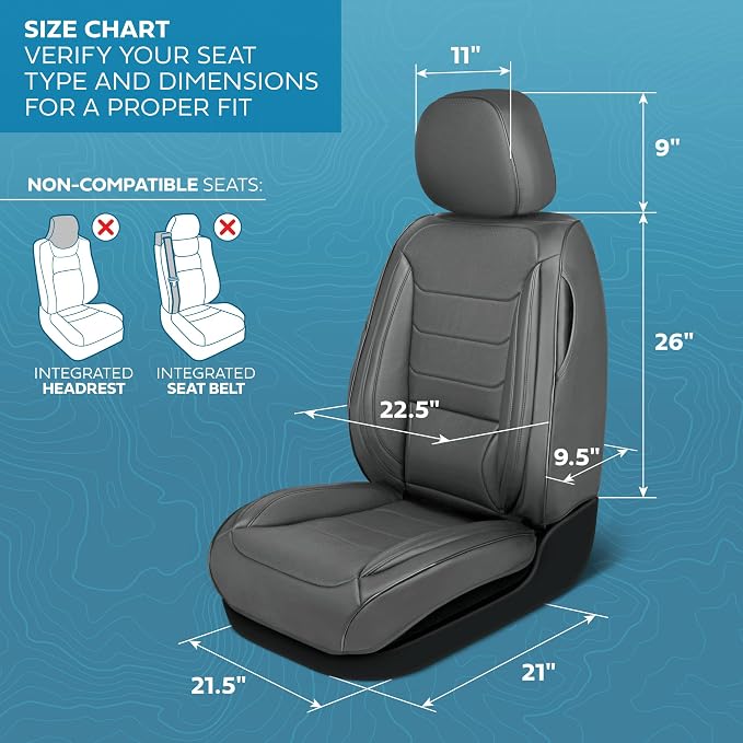 MotorBox Elite Edition Faux Leather Seat Covers for Cars, Trucks, & SUV - 2 Gray Car Seat Covers for Front Seats - Universal Fit Car Accessories Automotive Interior Cover Protector for Most Vehicles