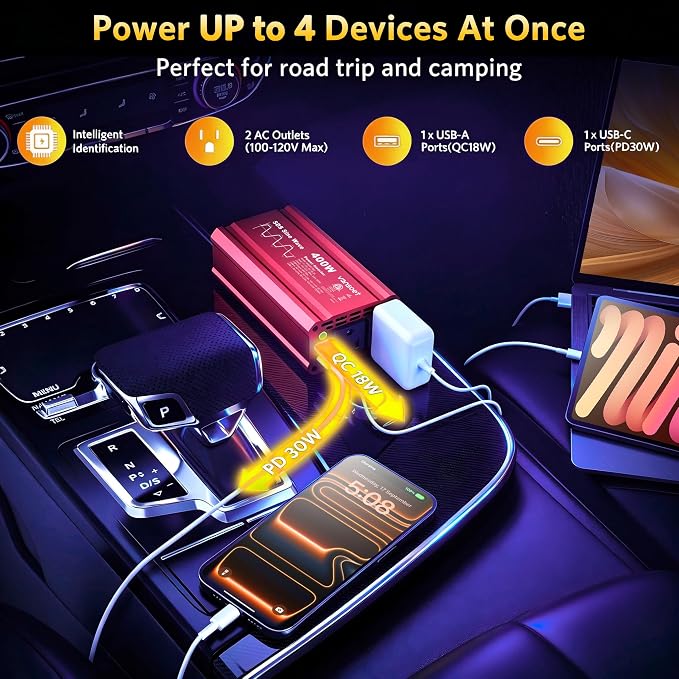【2026 Upgraded】 400W Peak Clipped Sine Wave Car Power Inverter DC 12V to AC(2 Outlets) 110V Car Charger Plug Adapter Power Converter with PD3.0 & QC18W Dual USB Charging Ports (Red-400)