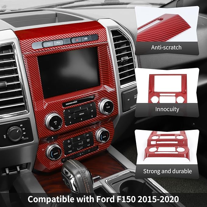 CheroCar Red Carbon Fiber Central Control Navigation & Emergency Light Control Panel Trim Cover Kit Fit for Ford F150 2015-2020 Hazard Light Switch & GPS Screen Surround Decorative Bezels