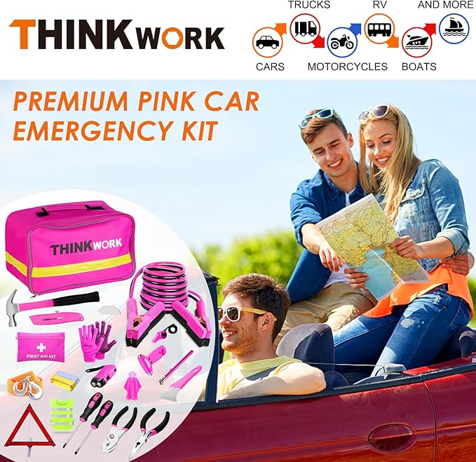 THINKWORK Car Emergency Kit for Teen Girl and Lady's Gifts, Pink Emergency Roadside Assistance kit with Pink Car Tool Set, 10FT Jumper, First Aid Kit, and More Ideal Pink Car Accessories Tool - E8