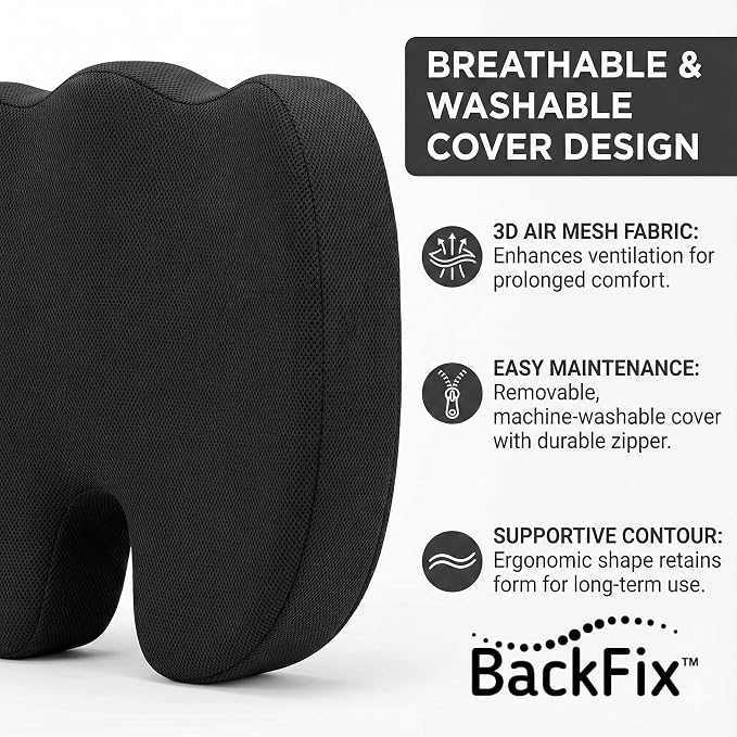 BackFix Extra Thick Cooling Gel Top Orthopedic Doctor Designed Memory Foam Seat Cushion. Extra Thick Pressure Relief for Office Chair, Car Seat. Tailbone Sciatica Pain Relief, Black