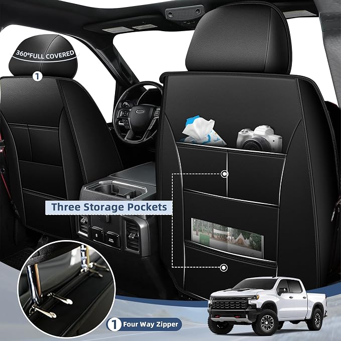 AOMSAZTO Seat Covers Fit for Chevy Silverado 2007-2026 Custom Fit for Chevrolet Silverado GMC Sierra 1500 2500HD 3500HD Crew Double Extended Cab Full Set Truck Pickup Car Seat Covers (5 Seats, Black)