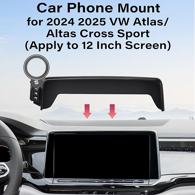 Car Phone Holder for VW Atlas 2024 2025 2026/ VW Altas Cross Sport 2024 2025 2026 Accessories Apply to 12 Inch Touch Screen Fixed Clip Magnetic Cell Phone Mount Hands-Free 360° Rotation