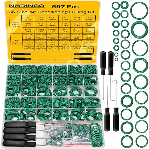 697 PCS AC O Ring Kit - Metric & SAE Green O-Rings for R12/R134a, with 4 Pick & Hook Tools, Universal Car A/C Seal Kit for Compressor, AC Lines - Automotive Air Conditioning Repair Set