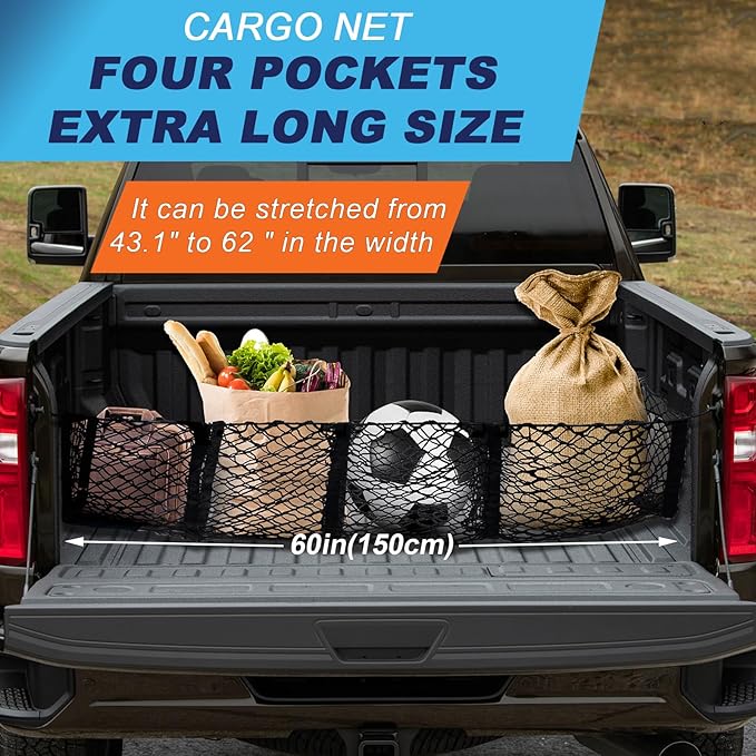 Grocery Net for Truck Bed – Heavy Duty 4-Pocket Cargo Net for Pickup Truck, Elastic Stretchable Truck Bed Storage Net Prevents Groceries from Sliding, Universal Fit for SUV F-150 Tacoma Silverado RAM