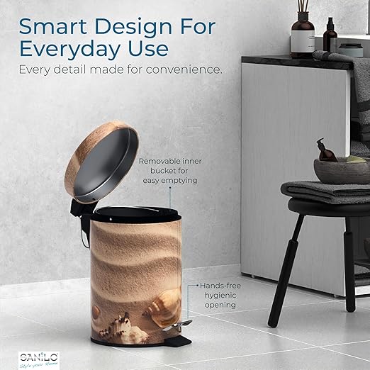 Sanilo Small Bathroom Trash Can with Lid [1.3 Gallon] - Lidded Tiny Trashcan for Garbage - Mini Metal Bin with Soft Closing Mechanism - Bath Room Accessoire Wastebin with Inner Bucket (Sanibel)