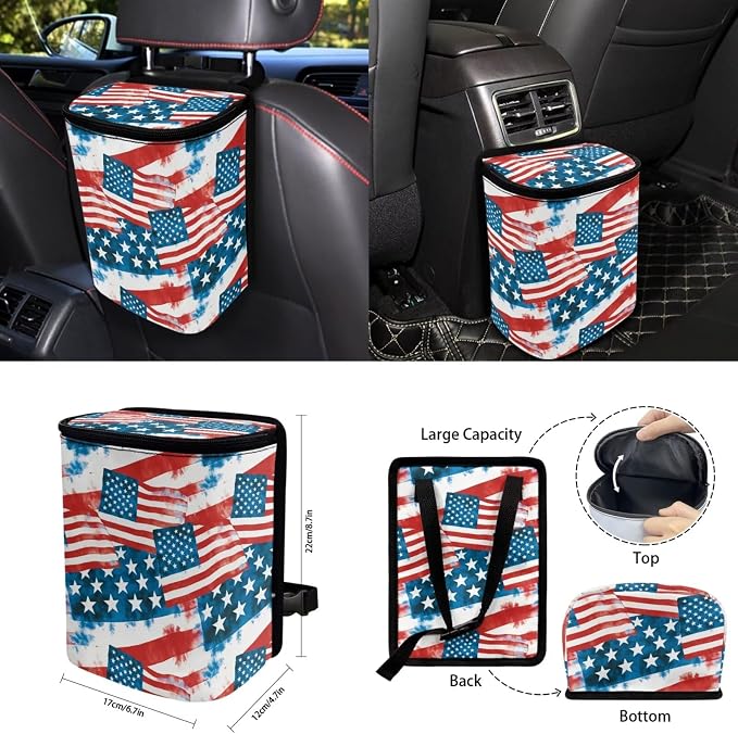 American Flag Auto Interior Accessories Car Seat Covers with Auto Steering Wheel Cover Seat Belt Covers Car Trash Can View Mirror Cover Coaster Keychains