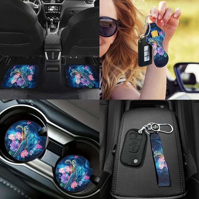 Sea Turtle Car Cover Seats Full Set with Steering Wherl Cover Seat Belt Cover Pad Turtle Flower Car Accessories Set 17 Pcs Car Floor Mats Set of 4 Auto Supplies for Women,Universal Fit