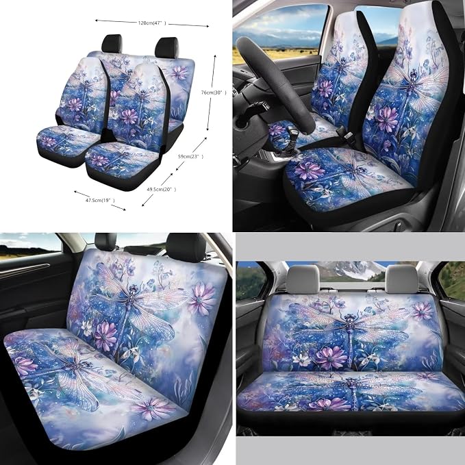 Xoenoiee Dragonfly Beautiful Flowers Print 11 Pieces Car Seat Covers Interior Accessories Set Universal Fit with Steering Wheel Cover, Seat Belt Pads, Keychain, Cup Coasters