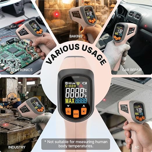 Tilswall Infrared Thermometer Gun, Laser Temperature Gun, -50°C~600°C (-58F~1112F) with Adjustable Emissivity, for Cooking/BBQ/Vehicle Repair, Meat Thermometer Included, Not for Human(Pink),W301
