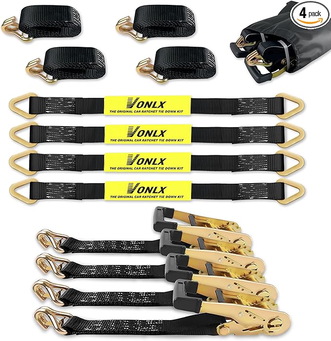 Car Trailer Tie Down Straps 4 Pack Kit, 2" x 8" Ratchet Straps Tie Down with Double J Hook with Clip, 2" x 36'' Heavy Duty Axle Strap for Car, Truck, UTV Transport,10,000lbs Break Strength
