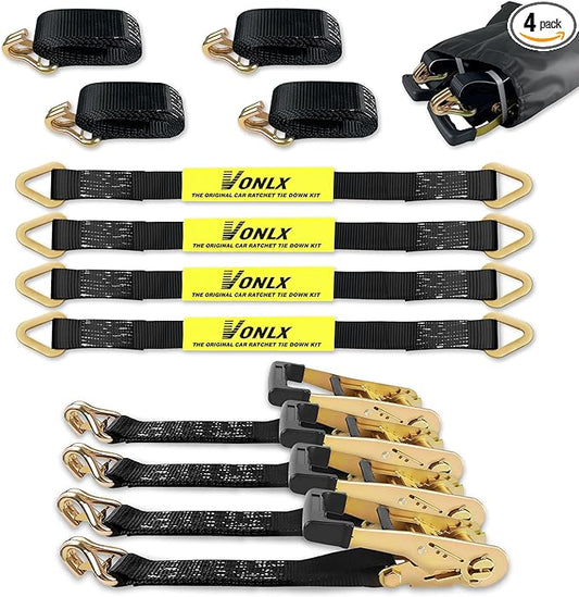 Car Trailer Tie Down Straps 4 Pack Kit, 2" x 8" Ratchet Straps Tie Down with Double J Hook with Clip, 2" x 36'' Heavy Duty Axle Strap for Car, Truck, UTV Transport,10,000lbs Break Strength