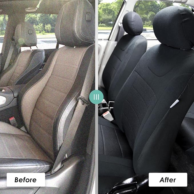 FH Group Car Seat Covers Universal Fit Full Set Interior Accessories, Sports Black Seat Covers with Airbag and Split Rear Automotive Combo Vinyl Floor Mats Seat Covers for Cars Vans Trucks and SUV