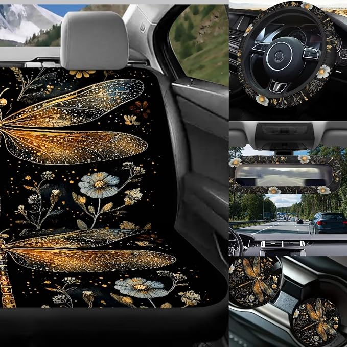 Dragonfly Car Seat Covers Full Set of 17 Pcs,Dragonfly Flowers Car Aaccessories Set with Steering Wheel Covers,Dragonfly Auto Seat Head Rest Protector for Auto Front Seat Rest Decoration