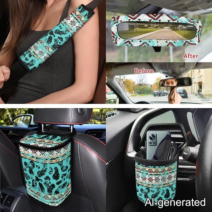 Dreaweet Aztec Cow Print Seat Covers for Cars Full Set Turquoise Front and Back Seat Covers with Steering Wheel Cover Seat Belt Pads Coasters Trash Bag Air Vent Pouch Rear View Mirror Cover Keychain