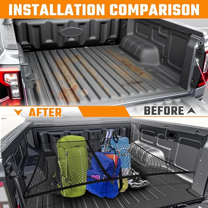 Truck Bed Mat and Net Compatible with 2024-2025 Ford Ranger 5FT Truck Bed Replacement, Truck Net TPE Cargo Bed Liner All Weather Cargo Mat for Ford Ranger Accessories